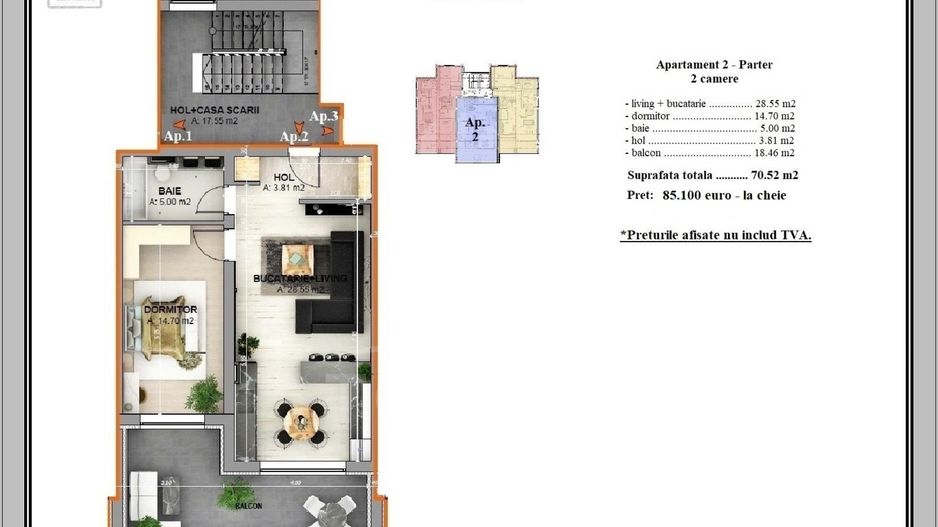 Apartament 2 camere, 70,5 mp utili – Etaj 2, Vilă – 85.100 EURO - Poză 2