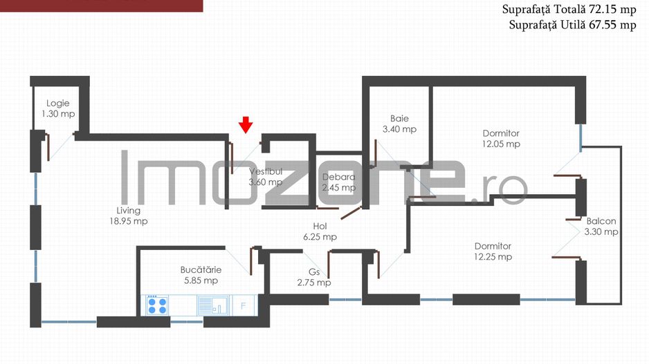 Apartament 3 cam., 2 bai, 2 balc., bloc nou, finisat la cheie, centrala termica - Schiță 13