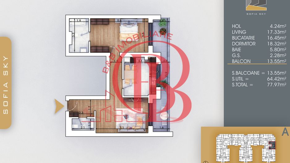 Apartament 2 camere cu 2 bai Finalizat 7 min Metrou Teclu - Schiță 1