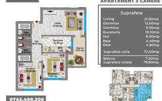 Apartament 3 camere, 80 mp, etaj 1, finalizat, Militari - Pacii, OMV Iuliu Maniu - Schiță 2
