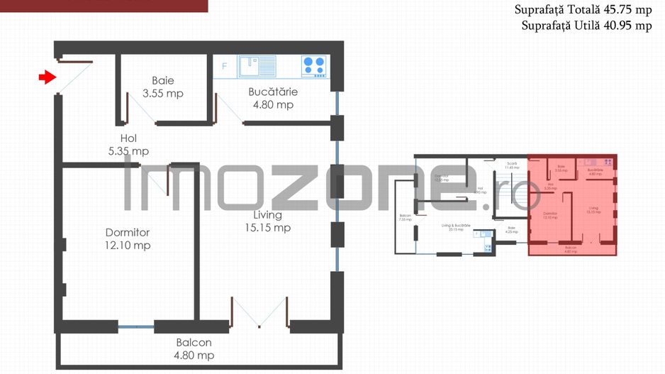 Apartament 2 camere, bloc nou, finisat la cheie, centrala termica individuala - Schiță 9