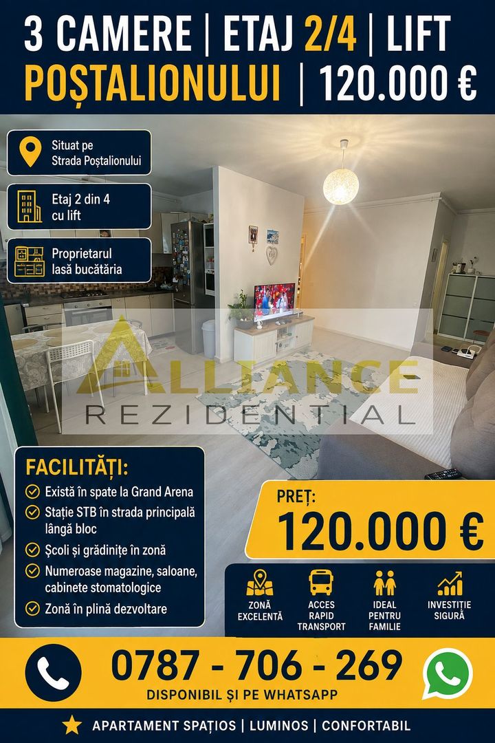 3 Camere | Etaj 2/4 | Lift | Poștalionului | 120.000 € - Poză 1