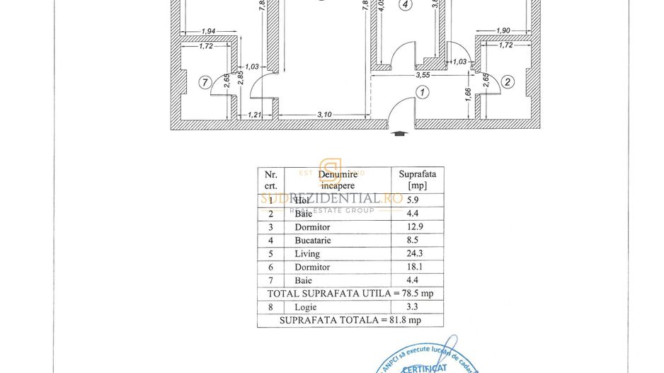Apartament 3 camere spațios | 81,8 mp | 2 băi | Etaj 6 | Poștalionului - Schiță 6
