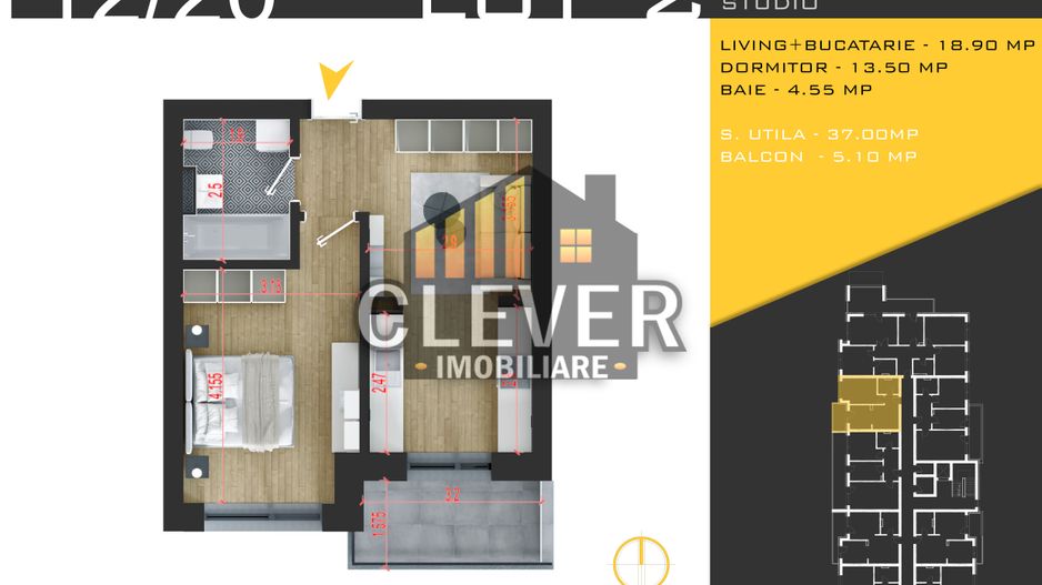 Studio | 42,1 mp | Dormitor Separat | Pallady | Comision 0% - Poză 1