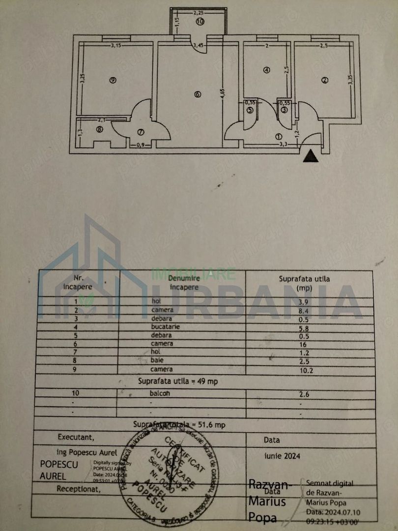 Apartament 3 camere semidecomandat, etaj 3, Zimbru, Iași – 51,60 mp - Poză 1