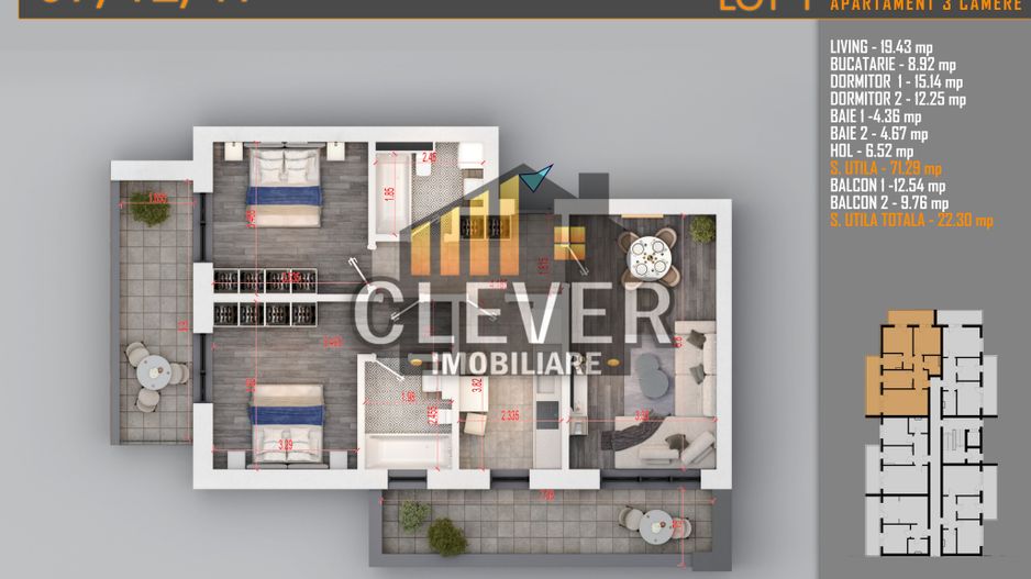 3 Camere | 93,6 mp Total | 2 Balcoane | Metrou Nicolae Teclu - Schiță 1