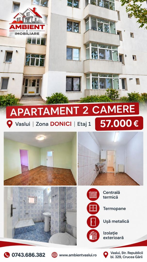 Apartament cu 2 camere, etaj 1, VASLUI - zona DONICI; - Poză 1