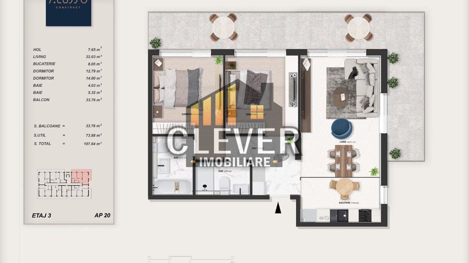 3 Camere | Terasă 34 mp | Living 22 mp | Pallady | Comision 0% - Poză 1