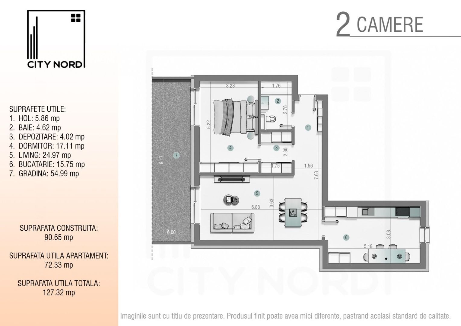 Apartament 2 Camere 72mpu cu 55mp Grădină – CITY NORD Ștefan cel Mare - Poză 1