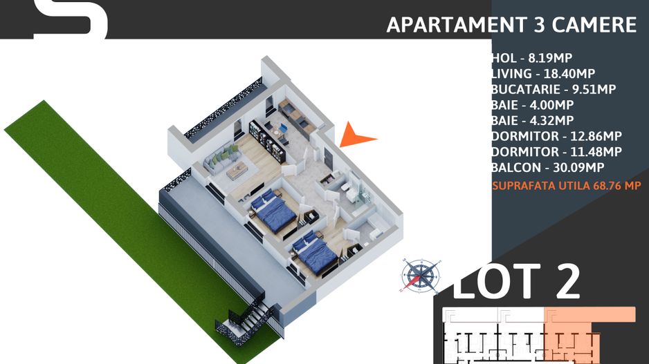 3 camere  cu gradina -parcare inclusa -finalizat - Schiță 5
