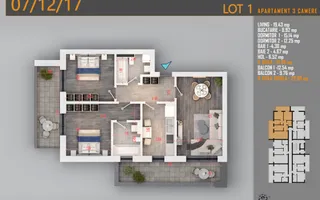 3 Camere | 95 mp | 2 Balcoane 23,8 mp | Pallady | Comision 0% - Schiță 13
