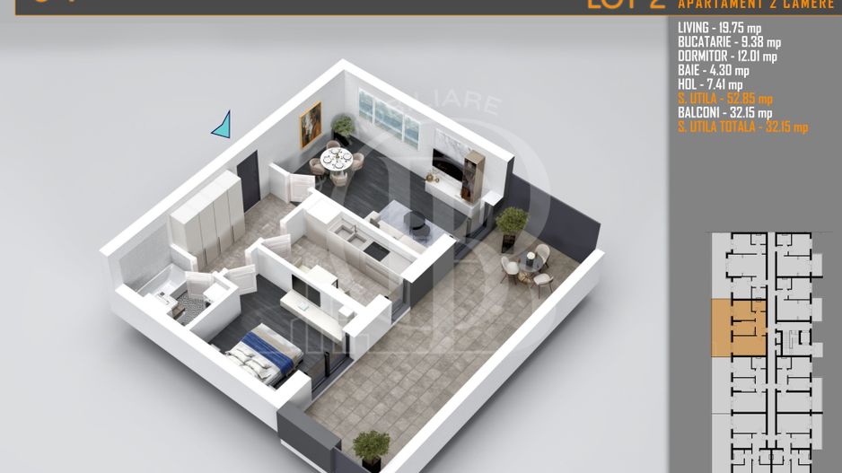 Apartament superb 2 camere cu terasa - Pallady Metrou Teclu - Schiță 1