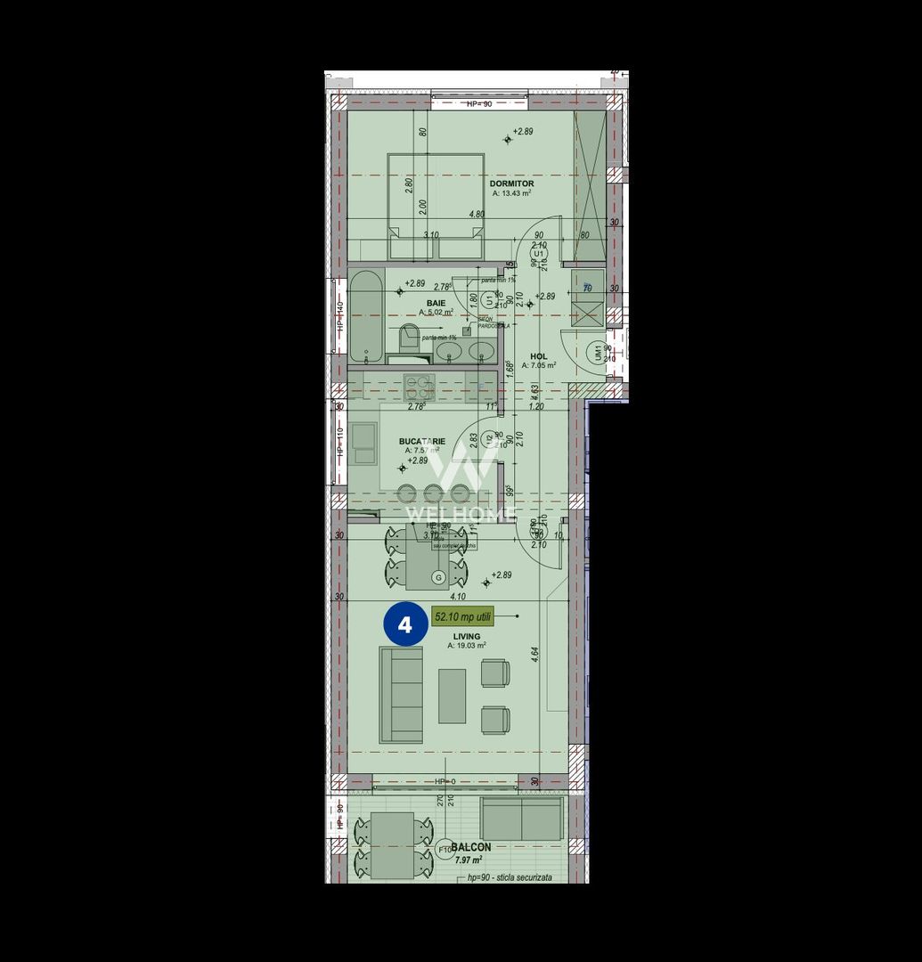 Apartament 2 camere, 52 mp, Zona VEST, Sibiu - Schiță 6