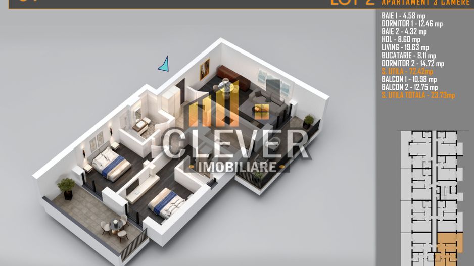 Apartament 3 Camere Decomandat, 2 balcoane, Comision 0%, Pallady - Schiță 7