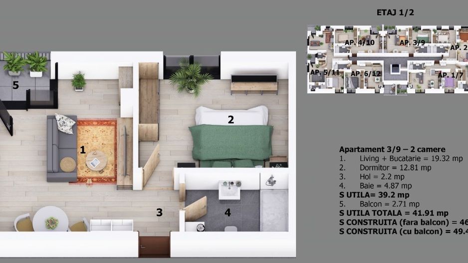 Apartament 2 camere Otopeni central | bloc cu lift | include parcare - Schiță 10