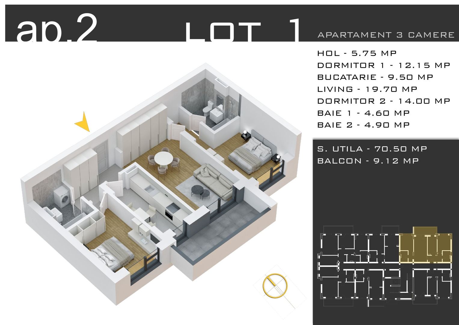 3 camere -parcare inclusa - proiect nou -Pallady - Schiță 11