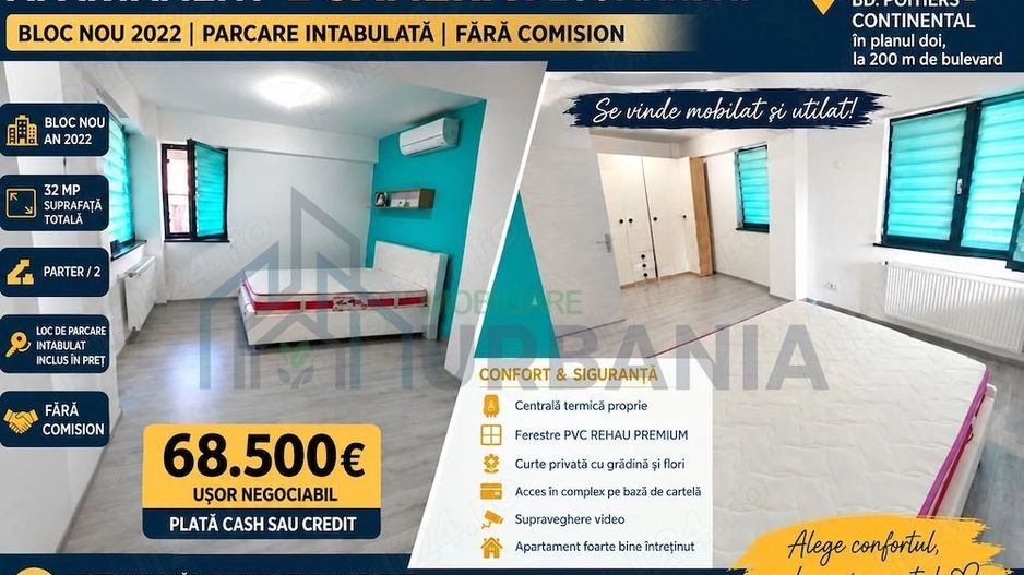 Apartament 1 cameră decomandat, 33 mp, loc parcare, complex nou 2022, zona Bd. Poitiers - Continental - Poză 1
