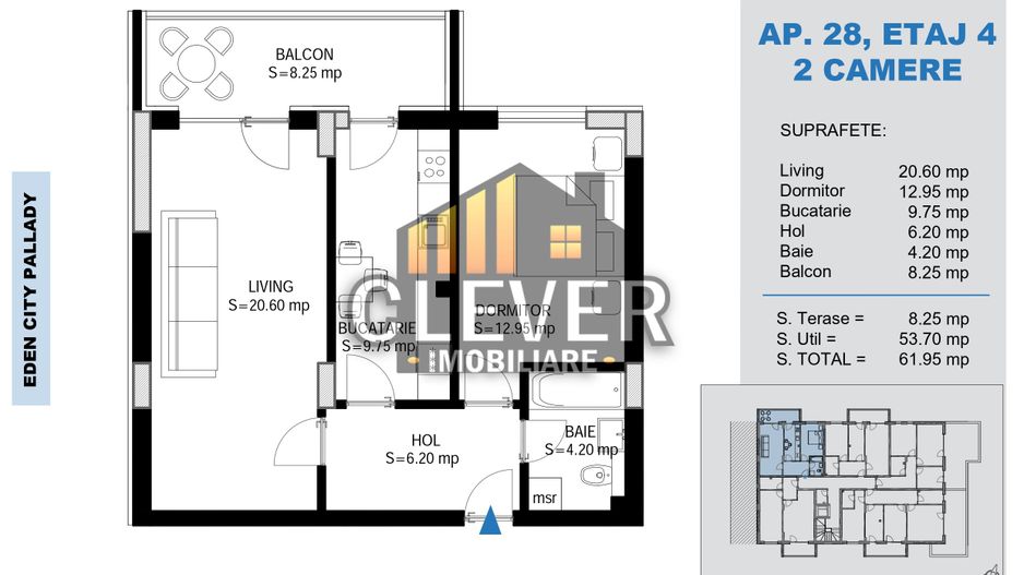 2 Camere Pallady, Dormitor 20mp cu Dressing | Metrou Teclu - Schiță 19