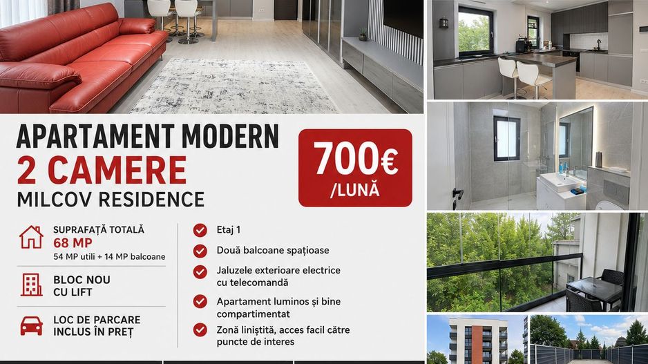 De inchiriat apartament cu 2 camere, Milcov Residence, et. 1, 700 euro - Poză 1
