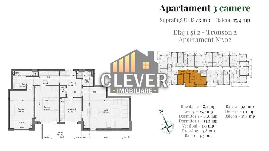 Apartament 3 Camere, 83 mp + Balcon 15 mp, Etajul, Finisaje Premium - Schiță 15