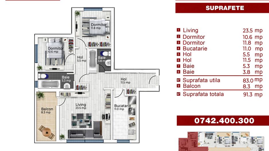 Apartament 3 Camere, Etaj 2, Decomandat, 92 mp Utili, Str. Oboga, Militari - Schiță 18