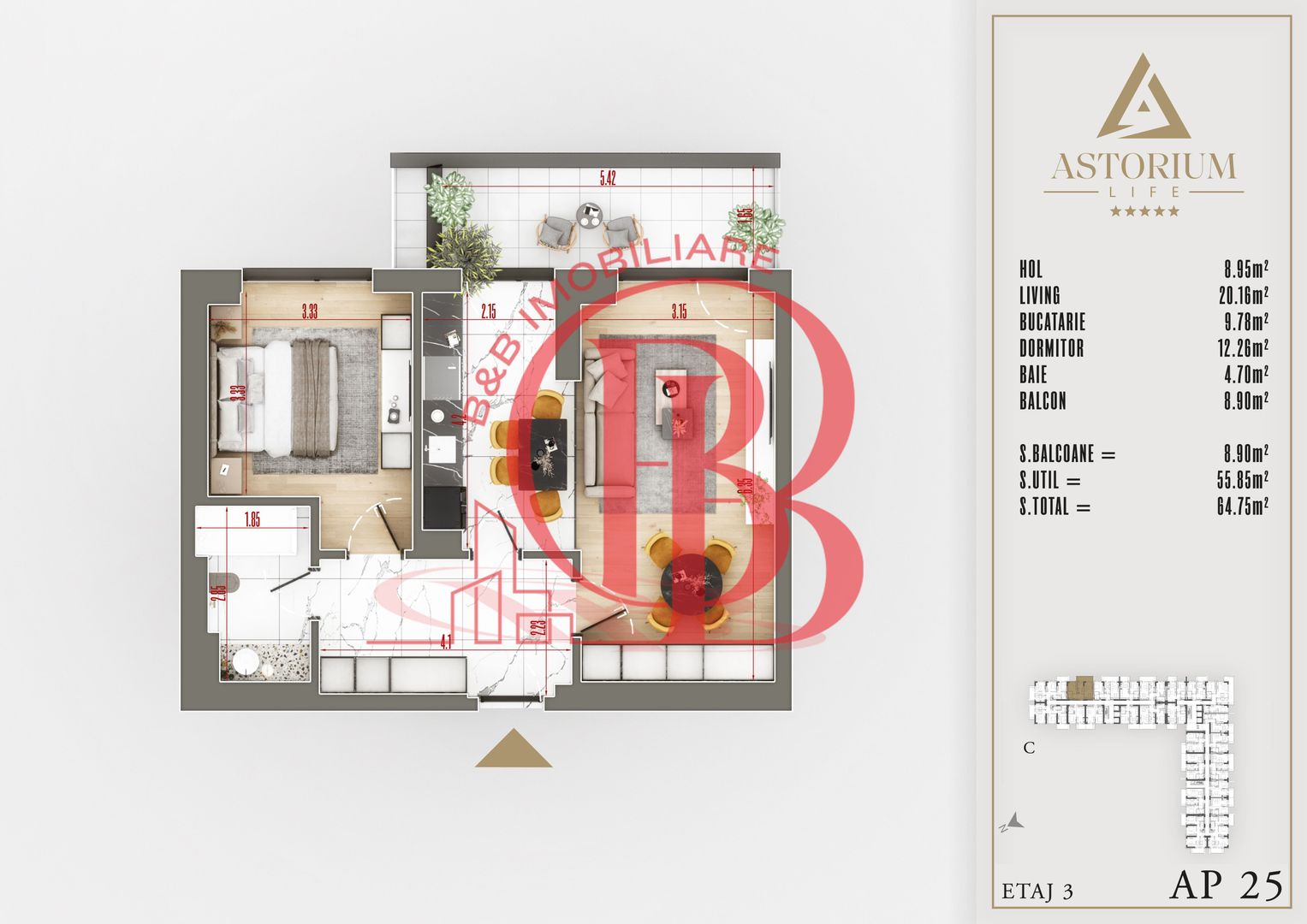 2 camere izolatie fonica proiect premium - Pallady - Schiță 1