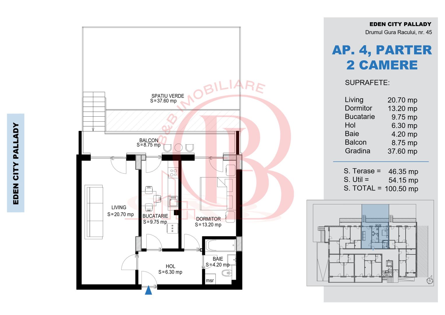 2 Camere cu gradina 37mp-Titan Pallady-Metrou Teclu - Schiță 2