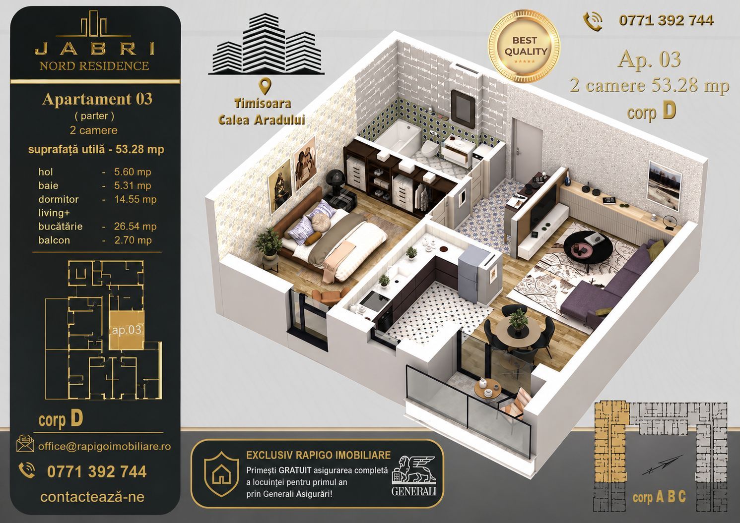 Apartament 03D, Corp D – 2 camere | 53,28 mp | Jabri Nord Residence - Poză 1