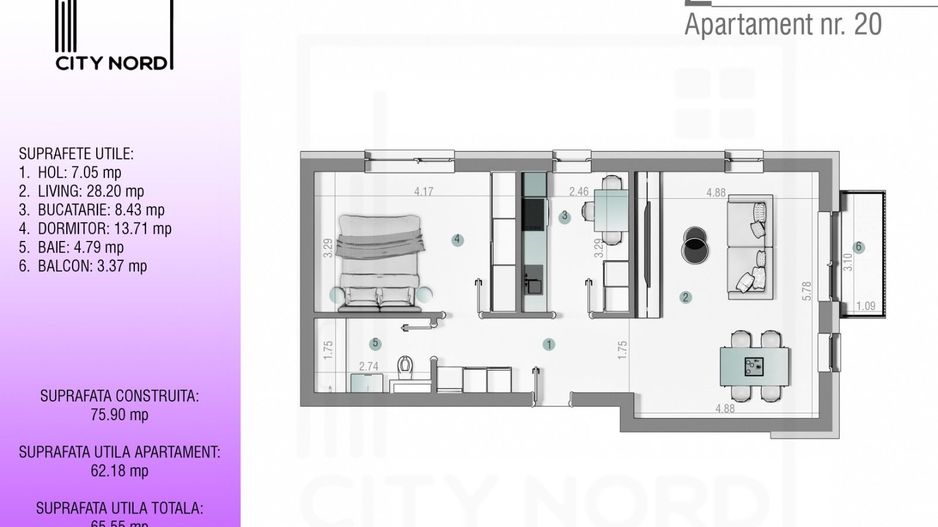 Apartament 20 / 32 – 2 camere – 62.2 mp – Balcon – Etaj 1 / Etaj 2 - Poză 1