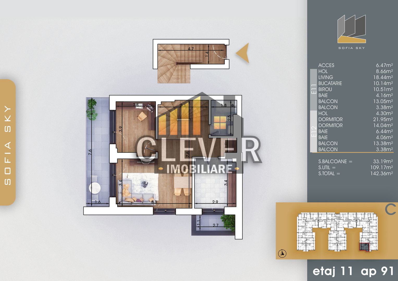 Duplex 4 camere | 109 mp | 33 mp balcoane | Pallady | Comision 0% - Schiță 3