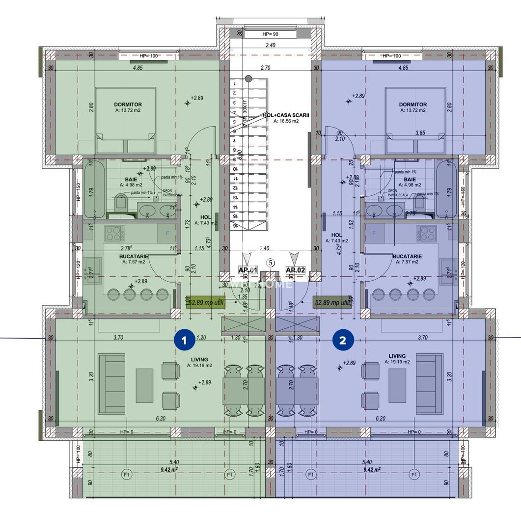 Apartament 2 camere, 53 mp, MOBILAT SI UTILAT - Zona VEST, Sibiu - Schiță 9