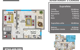 Apartament 2 camere, 64 mp, etaj 2 din 3, Militari - Pacii - OMV Iuliu Maniu - Schiță 2