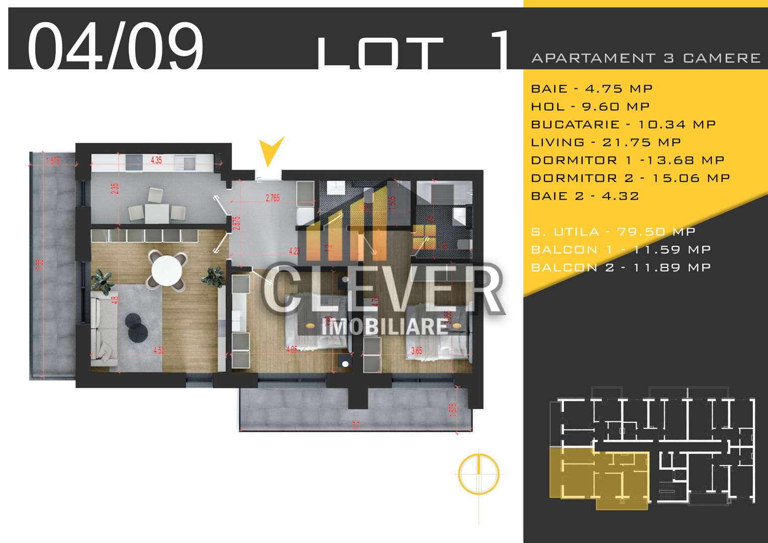 3 Camere | Metrou Teclu | Încălzire în Pardoseală | Finisaje la Alegere - Schiță 11