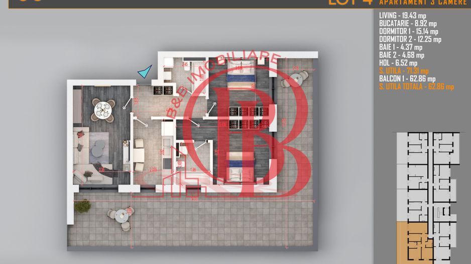 Apartament 3 camere Titan Th. Pallady-Sector 3-Metrou Teclu - Schiță 2