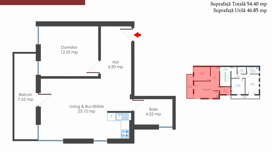 Apartament 2 camere, bloc nou, finisat la cheie, centrala termica individuala - Schiță 6