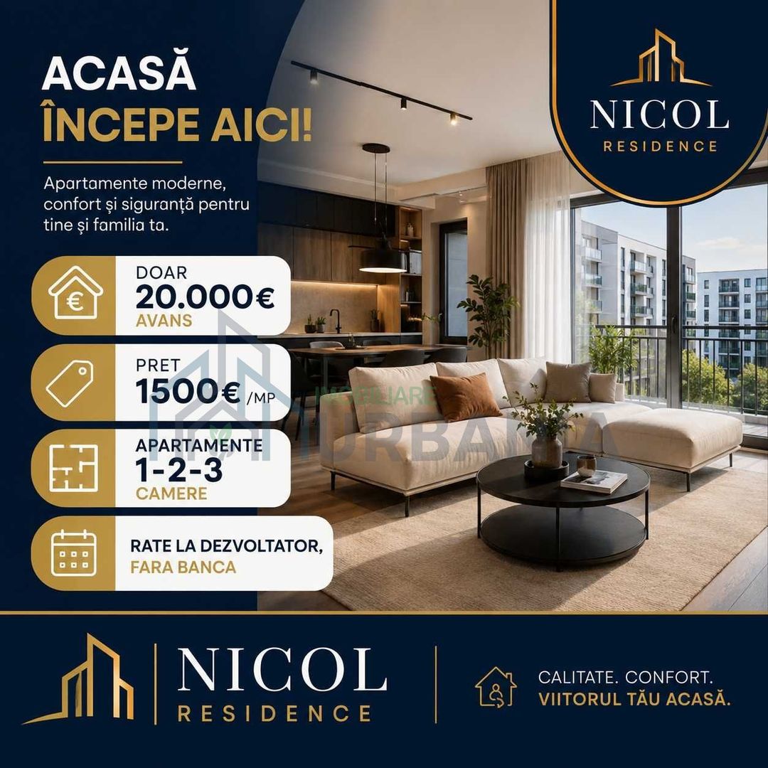 Apartamente 1, 2, 3 camere – Nicol Residence, Valea Adâncă. Avans 20.000 €, rate direct la dezvoltator - Poză 1