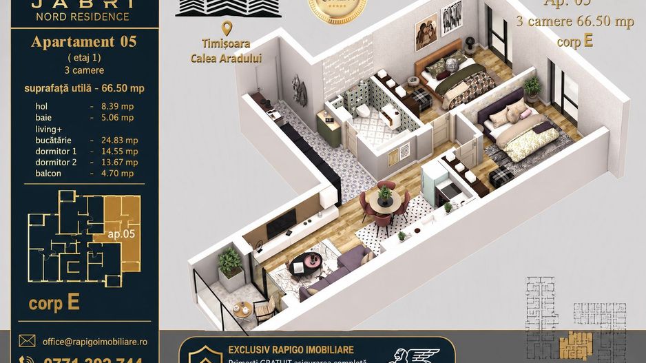 Apartament 05, Corp E – 3 camere | 66,50 mp | Jabri Nord Residence - Poză 1