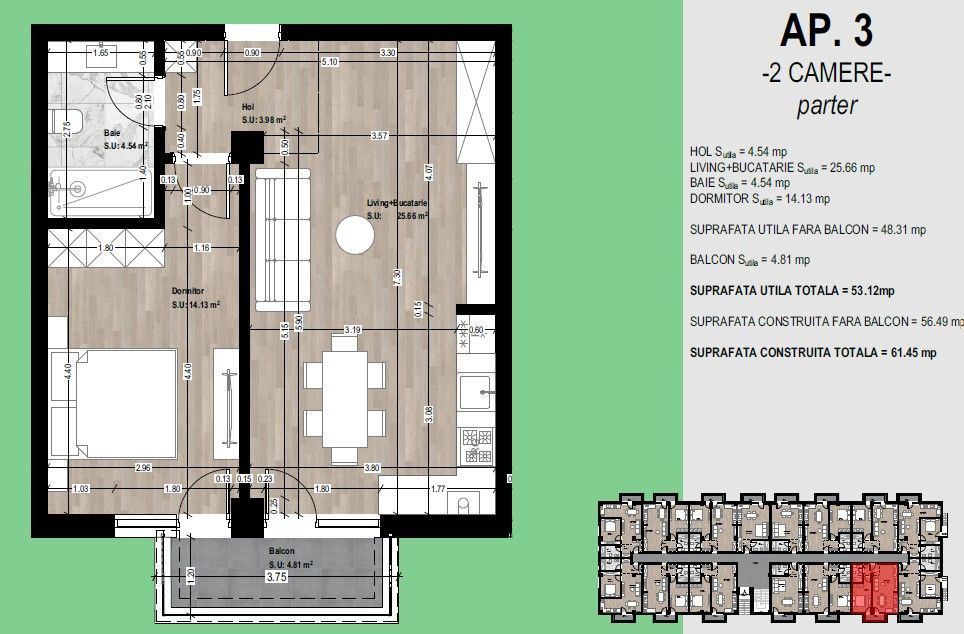 Apartament nou de vânzare Otopeni – 2 camere, balcon, parcare inclusă - Schiță 6