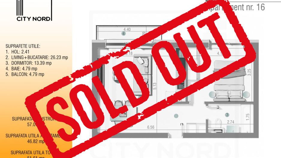 Apartament 16 / 28 – 2 camere – 46.8 mp – Balcon – Etaj 1 / Etaj 2 - Poză 1