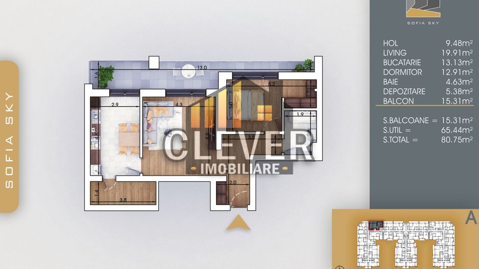 Apartament 2 camere Bucatarie Inchisa cu Debara Metrou Teclu - Schiță 6