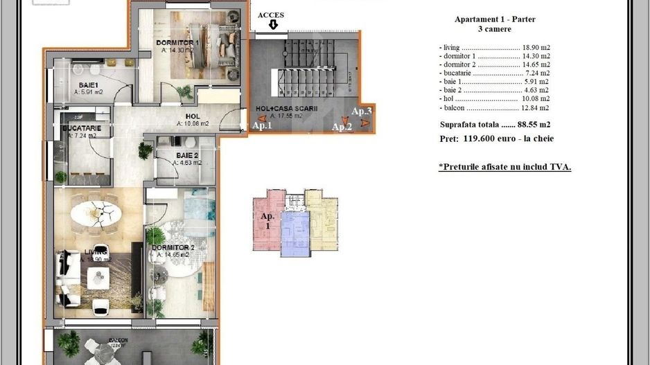 Apartament 3 camere, 77 mp utili – Etaj 2, Vilă – 125000EURO - Poză 2
