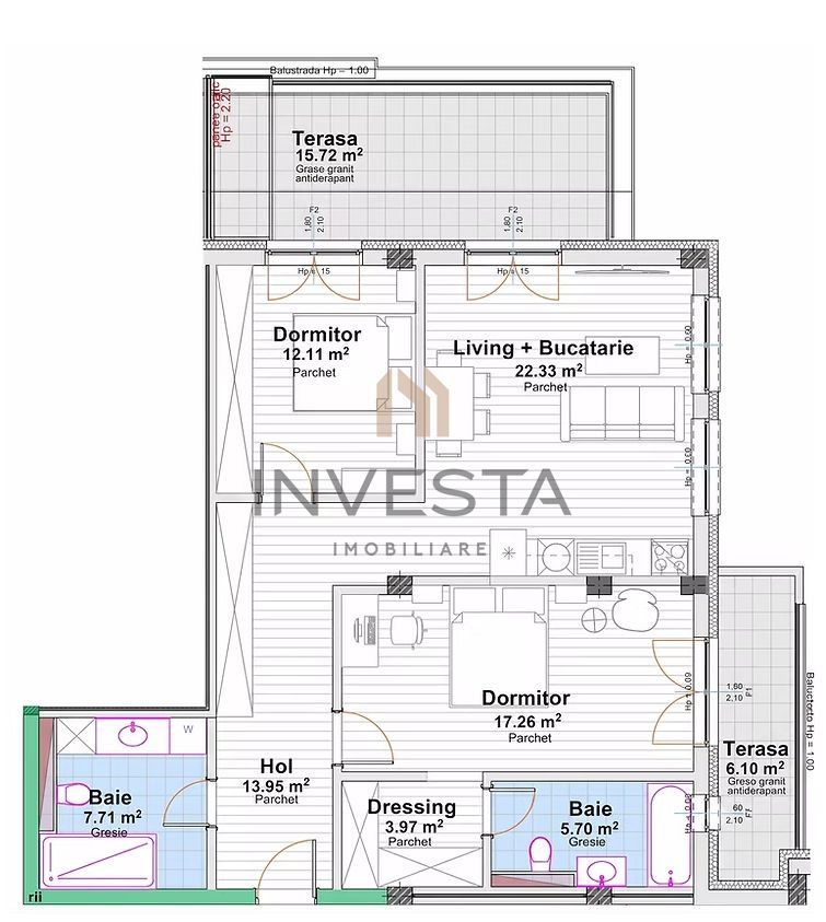 Apartament 3 camere 83 mp cu 2 terase, bloc nou, zona Marasti! - Schiță 2