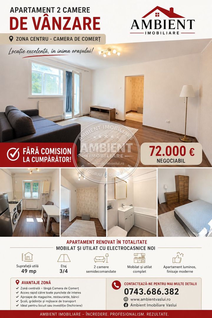 Apartament cu 2 camere, etaj 3, mobilat și utilat, VASLUI - zona CENTRU; - Poză 1