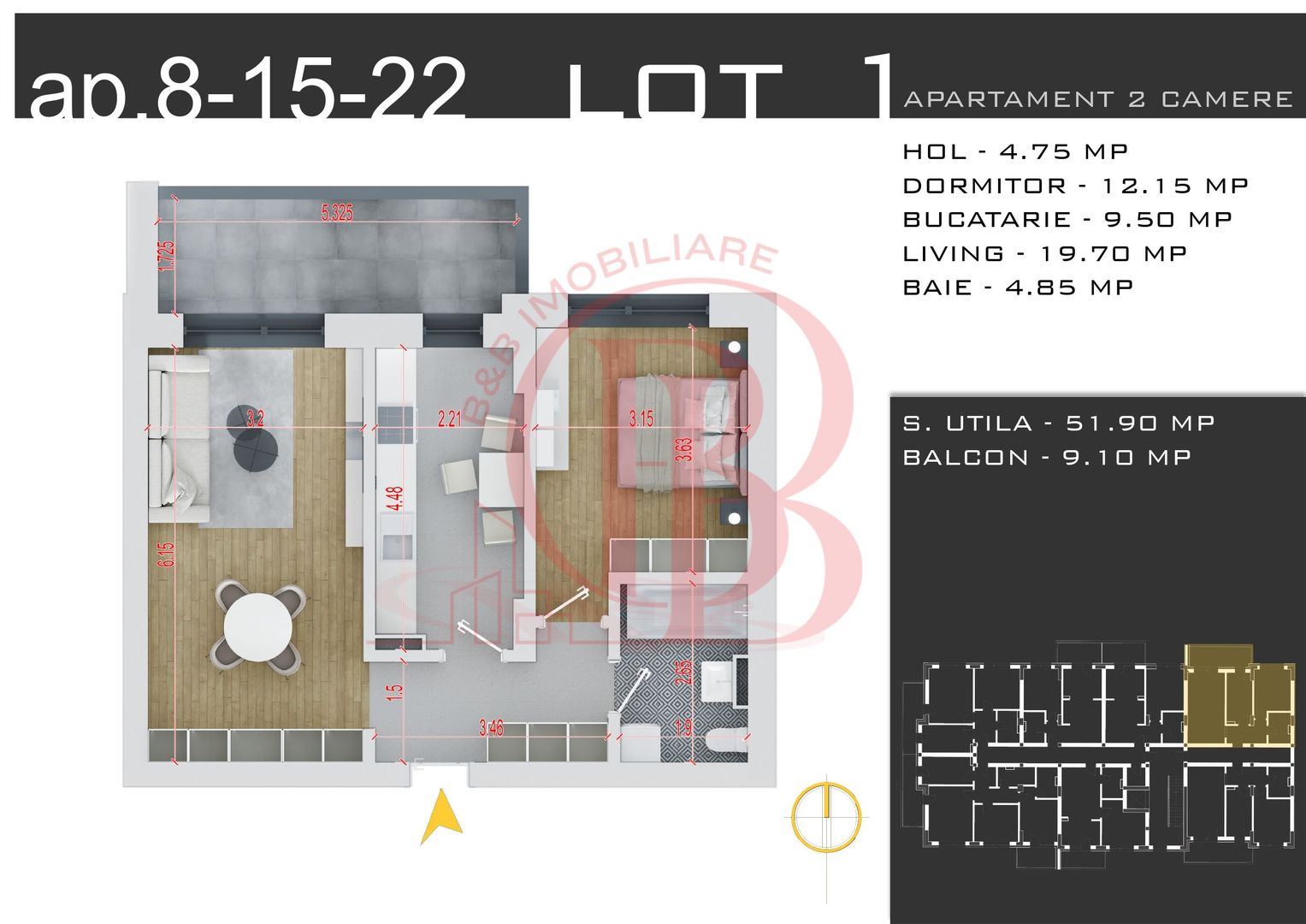 2 camere decomandat -Loc Parcare Gratuit -Th. Pallady - Schiță 2