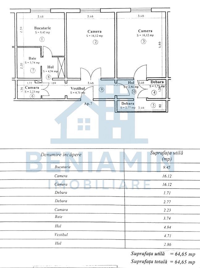 2 camere decomandat 65mp Bartolomeu etaj 1 cu centrala - Schiță 10