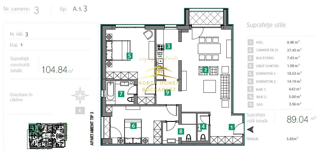 Aparatmente de 3 camere, 3 bai, 89 mp, metrou Straulesti - Comision 0% - Poză 5