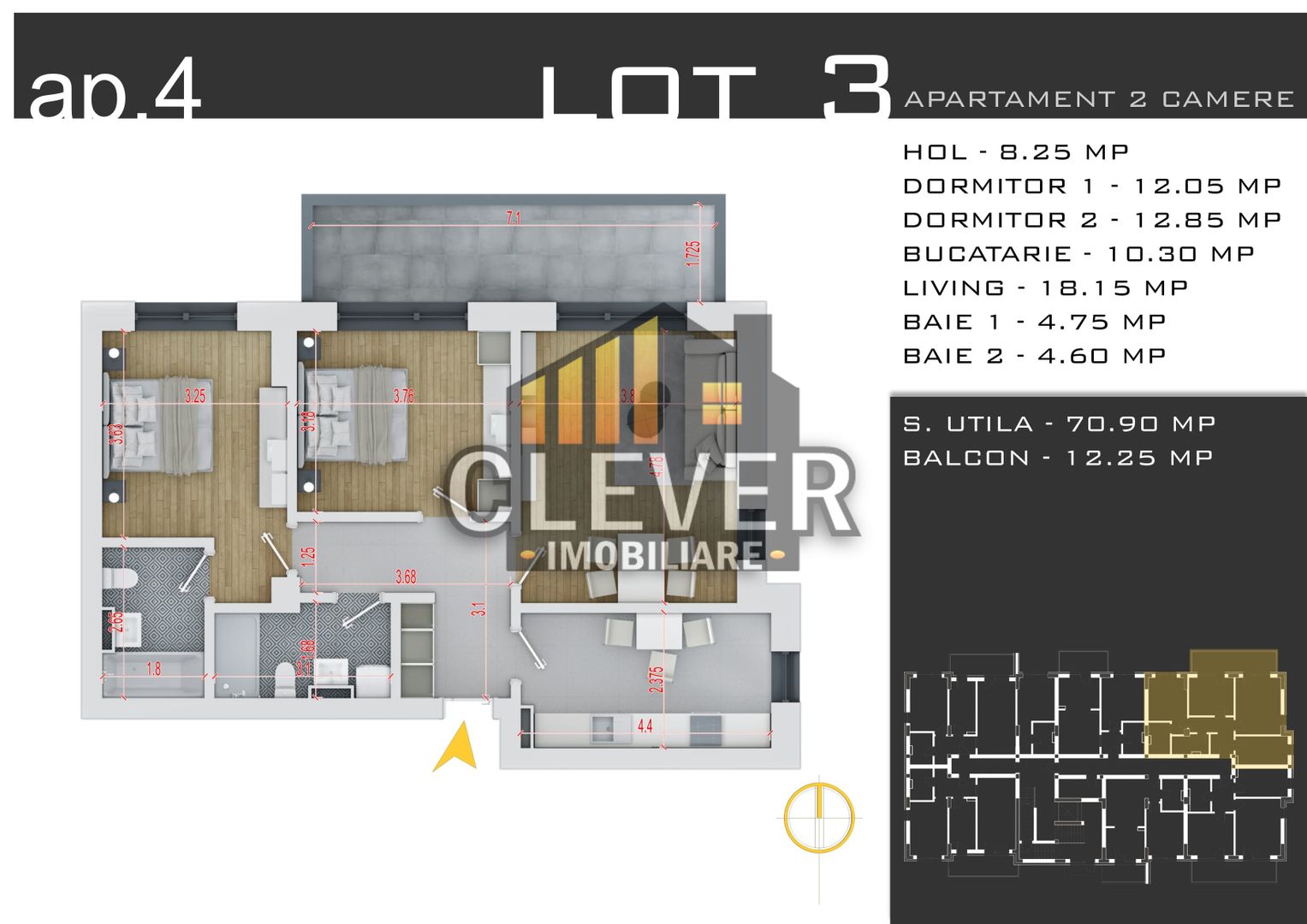 Apartament 3 Camere decomandat mp - Pallady - Comision 0% - Schiță 8