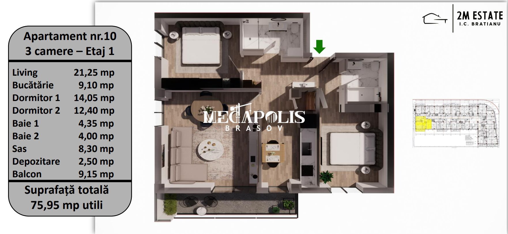 Apartament 3 Camere | 76 MP Utili | Tractorul | Bloc Nou - Poză 3