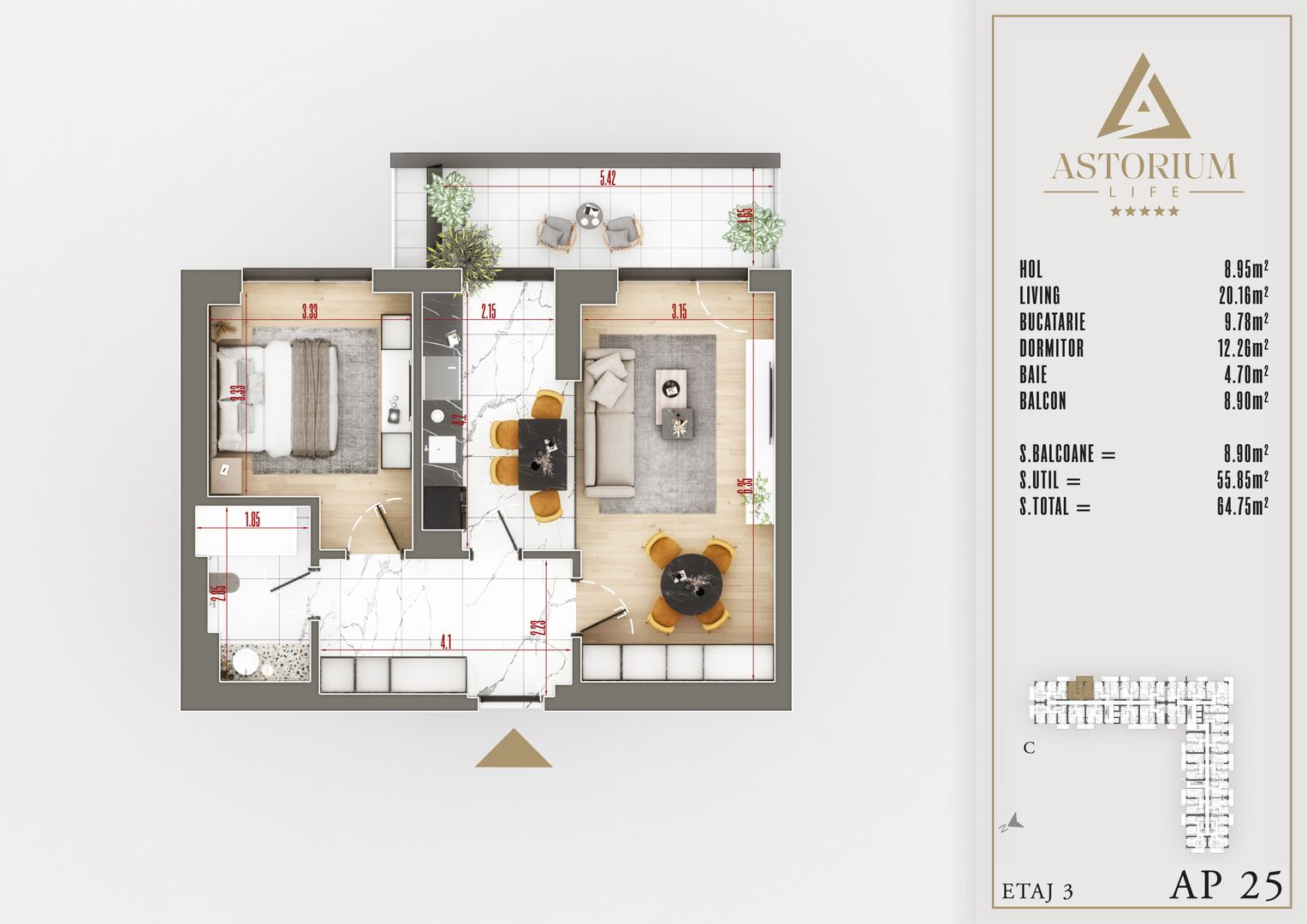 2 camere izolatie fonica proiect premium - Pallady - Schiță 1