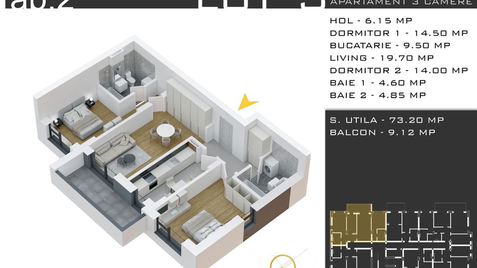 3 camere -parcare inclusa - proiect nou -Pallady - Schiță 13